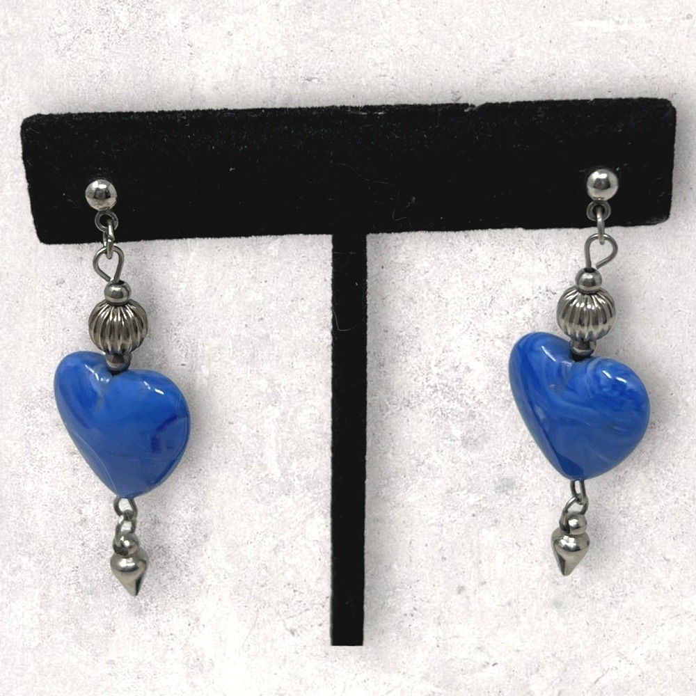 Blue‎ Heart Earrings Silver Tone Dangle Pierced
